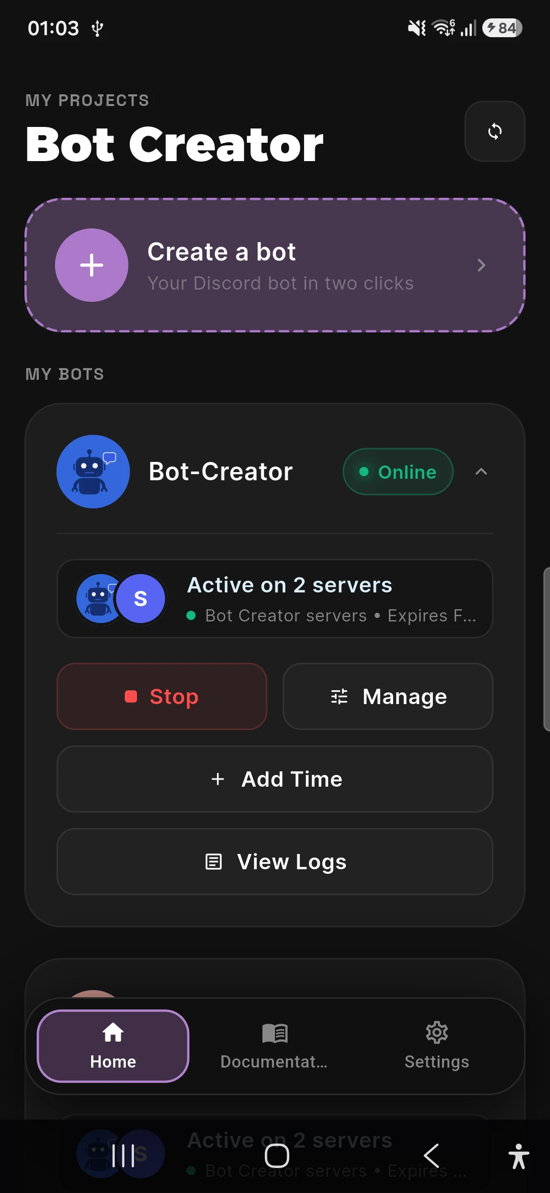 Bot Creator Android workspace with an online Discord bot