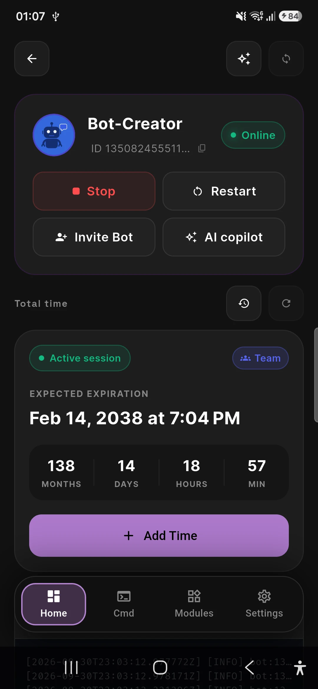 Bot Creator Android hosting controls for an online Discord bot